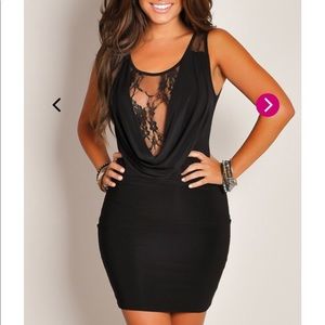 SEXY Black + Lace Plunging Cowl Neck Mini Dress